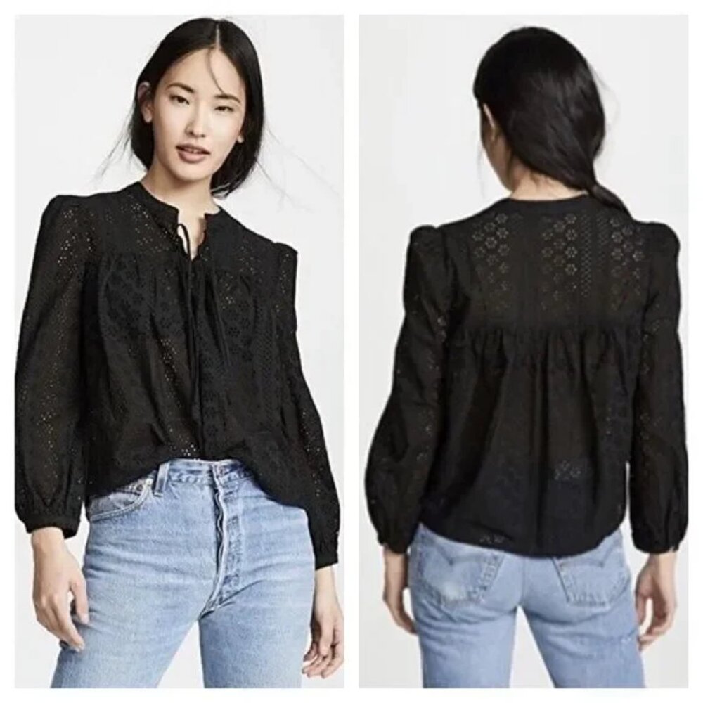 Madewell Black Eyelet Cotton Peasant Blouse